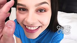 Sweet, teen brunette is sucking cock in a POV style before spreading up to get fucked hard