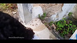 Flirty brunette is sucking dick and getting fucked in an abandoned building, during the day
