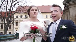 Sweet bride is giving a blowjob to the best man, while her husband is watching