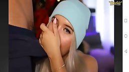 Platinum blonde teen is kneeling in front of her guy and gently sucking his stiff cock