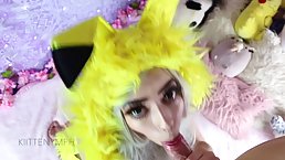 Slutty Pikachu chick is sucking dick like a real pro, before getting stuffed with it