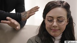 Nerdy brunette with glasses is in the mood to suck a rok hard dick, until it explodes