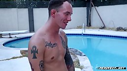 Amateur brunette is sucking dick and getting fucked next to the swimming pool, in the afternoon