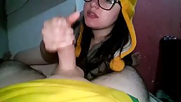Slutty brunette with glasses is sucking dick as deep as she can, just for fun