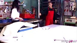 Insatiable mature with small tits and hairy pussy is having hardcore sex with a younger guy