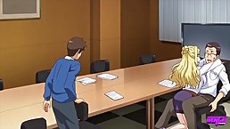 Cartoon brunette with big, firm tits is fucking her lover and moaning from pleasure while cumming