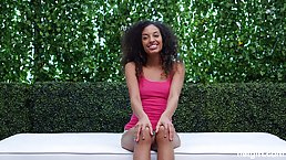 Horny, Ebony babe with curly hair is fucking a random guy, during a porn video casting