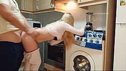 Yummy Blonde chick likes sucking dick and getting it from the back, even in the kitchen