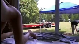 Attractive amaterur brunette with nice big boobs is toying her pussy in front of her gardener
