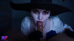 Lady Dimitrescu is sucking her lover's cock while kneeling on the floor the way he likes