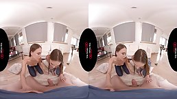 Two horny amateur babes are fucking a friend, after taking turns sucking his rock hard dick