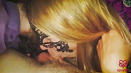 Masked amateur babe is sucking dick and getting ready to swallow loads of fresh cum