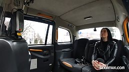 Cock loving brunette is giving a sensual blowjob to a stranger, in the back of a taxi