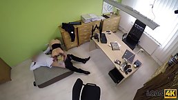 Slutty blonde woman is getting fucked from the back, to get the loan she needs