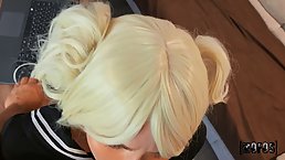 Pigtailed blonde babe in school uniform is sucking dick and getting fucked, in a POV style