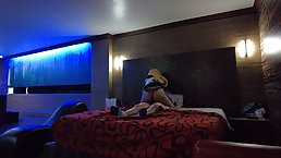 Randy blonde woman in black fishnets is fucking a random guy for cash, in his hotel room