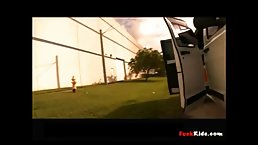Naughty brunette is sucking a fat cock in the back of a van, before getting fucked