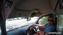 Red haired chick with tiny tits is having sex in the back of a taxi
