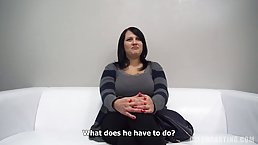 Plump, Czech brunette with big, bouncy tits, Bara is riding a rock hard cock on the sofa