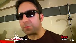 Hot blonde cock sucker is learning a new technique for pleasing men during a group sex session