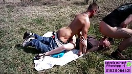 Charming amateur brunette is about to have a mmf threesome for the first time, in the nature