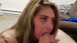 Cock loving, amateur blonde is giving a head to a friend, to make him explode from pleasure
