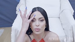 Beautiful brunette with big boobs, Sapphire is kneeling on the floor and sucking a rock hard dick