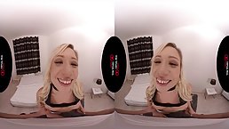 Ravishing blonde is kneeling on the floor and sucking her neighbor's hard dick, like a pro