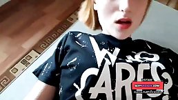 Red haired babe was sucking dick while kneeling in front of her partner, before getting assfucked