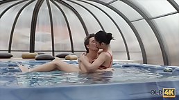 Small titted brunette is riding a rock hard dick and moaning from pleasure while cumming