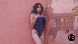 Amazing, Asian brunette, Reina is slowly taking off her swimsuit to show us her naked body