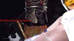Asian astronaut is not sure if she is excited or scared while a monster is touching her