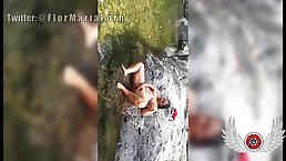 After having a bath in the river, chubby brunette is masturbating and enjoying it a lot