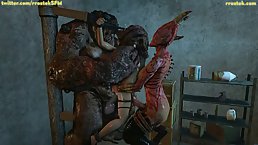 Horny monster is fucking a human female every once in a while and destroying her pussy