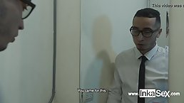 Chubby brunette, KatySex is about to fuck a guy with glasses until they both cum