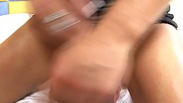 Naked blonde woman with big boobs and tan lines is facefucking a guy she likes