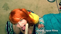 Cock loving chick with red hair, Misty is giving a blowjob to one of her friends
