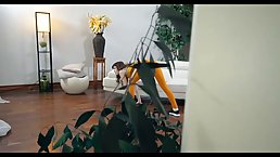 Horny brunette is doing her stretching routine while her partner is gently rubbing her pussy