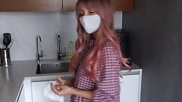 Lovely, Russian girl with long hair is moaning from pleasure, while getting fucked from the back