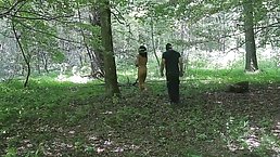 Small titted brunette got handcuffed and left naked in the nature, in the late afternoon