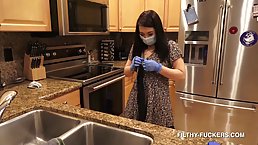 Busty Asian brunette, Mina Moon is working as a cleaning lady and often fucking her employer