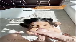 Pigtailed brunette is playing with her big tits and getting a rock hard dick inside her pussy