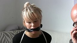 Smoking hot blonde in black shoes with high heels got tied up, tight, the other day