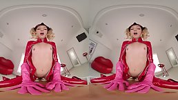 Slim blonde in a latex costume, Lily Larimar is moaning while getting fucked hard, in VR