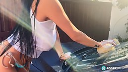 Racy brunette milf with big tits, Helen Star is masturbating instead of washing the car