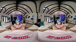 Busty girl with blue hair is spreading her legs wide open to get fucked, in VR