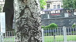 Slutty brunette is getting fucked from the back in a public place, during the day