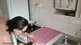 Amateur blonde is sucking dick and getting fucked in the kitchen, in the middle of the day