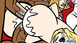 Cartoon bitches are sucking various cocks and getting fucked hard during a steamy, interracial orgy