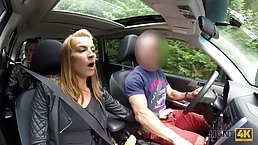 Busty amateur girl is having wild sex with a handsome stranger, in the back of his car